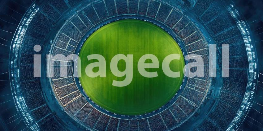 Aerial View of a Cricket Stadium at Night. Floodlit pitch with seating for a large crowd. Perfect for sports, events, and entertainment themes.