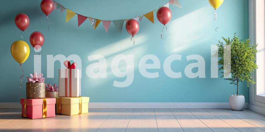 Festive Birthday Party Scene. A colorful cake with lit candles sits on a table surrounded by balloons and confetti. Perfect for birthday, celebration, and party themes.