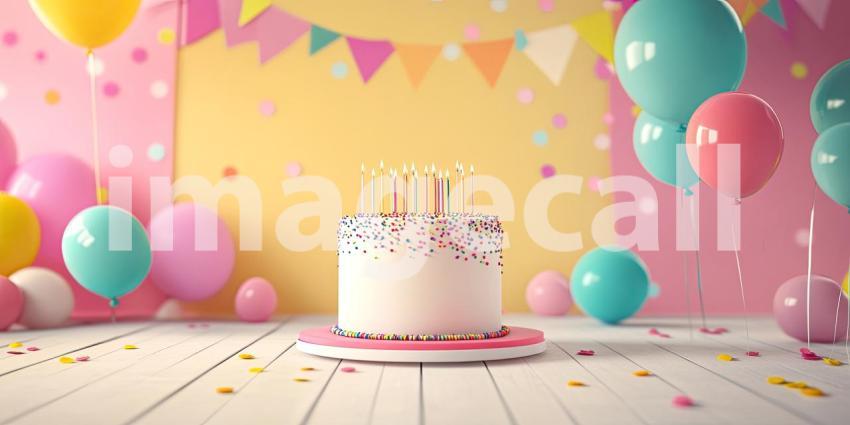 Festive Birthday Party Scene. A colorful cake with lit candles sits on a table surrounded by balloons and confetti. Perfect for birthday, celebration, and party themes.