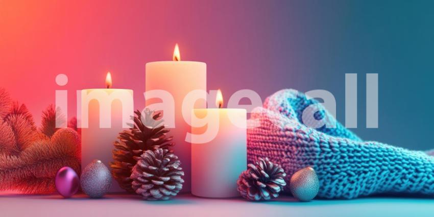Cozy Winter Scene. Burning candles, pine cones, and a blue scarf create a warm and inviting atmosphere. Perfect for holiday, winter, and home decor themes.
