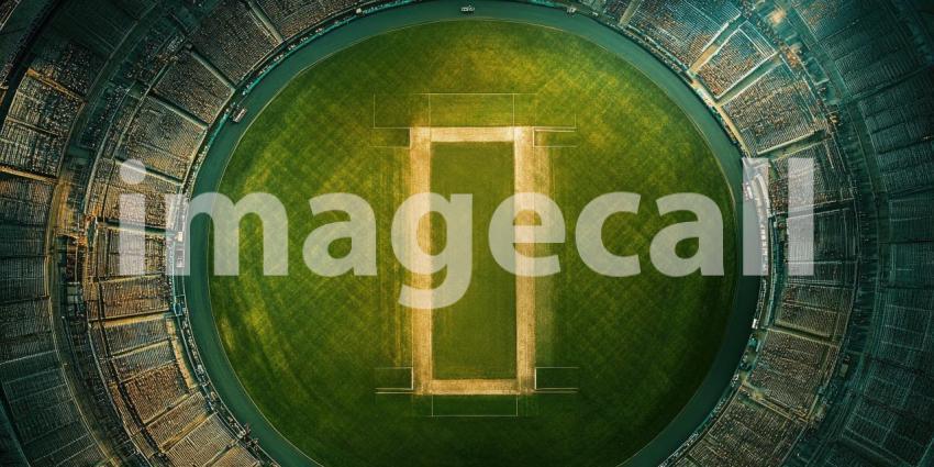 Aerial View of a Cricket Stadium at Night. Floodlit pitch with seating for a large crowd. Perfect for sports, events, and entertainment themes.