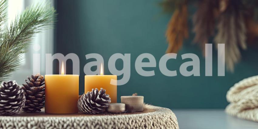 Cozy Winter Scene. Burning candles, pine cones, and a blue scarf create a warm and inviting atmosphere. Perfect for holiday, winter, and home decor themes.