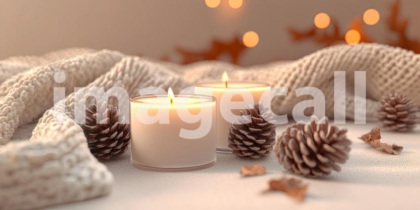 Cozy Winter Scene. Burning candles, pine cones, and a blue scarf create a warm and inviting atmosphere. Perfect for holiday, winter, and home decor themes.