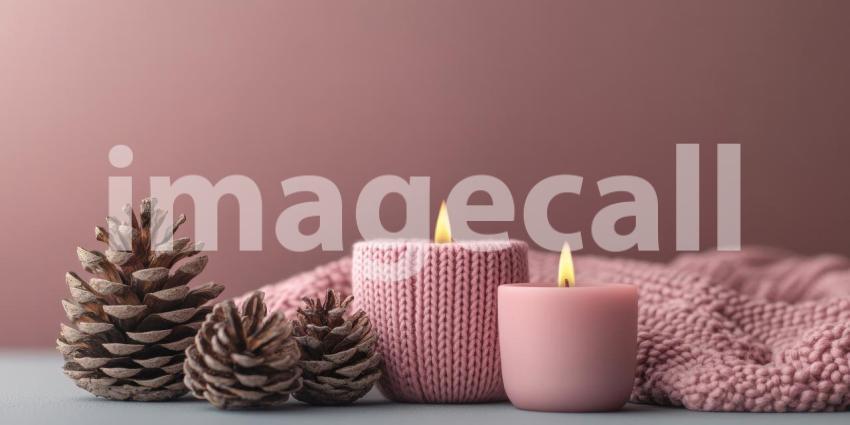 Cozy Winter Scene. Burning candles, pine cones, and a blue scarf create a warm and inviting atmosphere. Perfect for holiday, winter, and home decor themes.