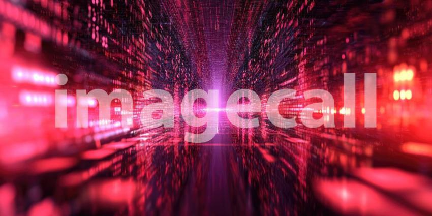 Red Digital Matrix Tunnel. Abstract, futuristic background with glowing lines and binary code. Perfect for technology, data, and virtual reality themes.