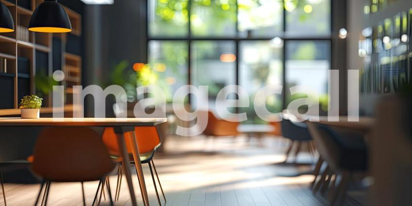 Modern Office Lounge Area. Stylish workspace with comfortable chairs, a wooden table, and natural light. Perfect for business, interior design, and corporate themes.