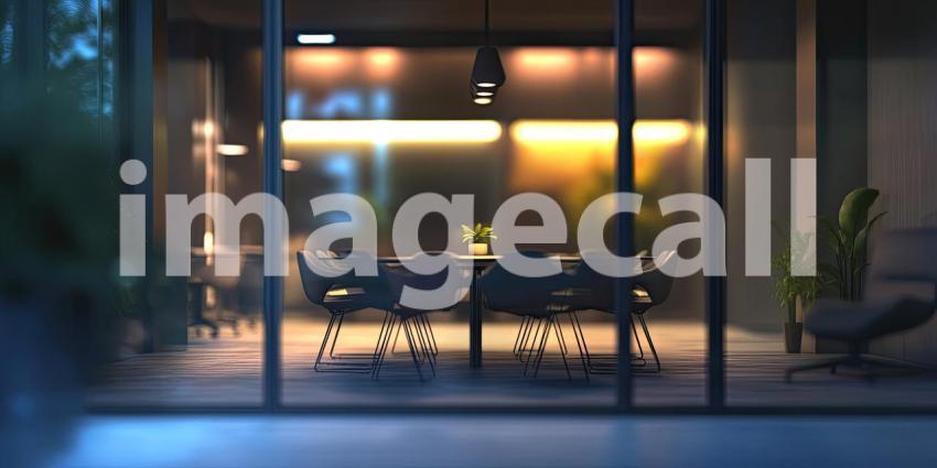 Modern Office Lounge Area. Stylish workspace with comfortable chairs, a wooden table, and natural light. Perfect for business, interior design, and corporate themes.