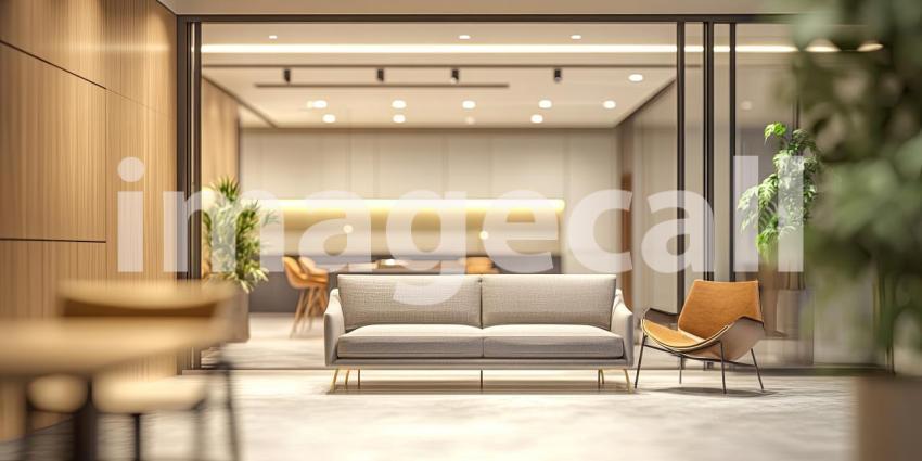 Modern Office Lounge Area. Stylish workspace with comfortable chairs, a wooden table, and natural light. Perfect for business, interior design, and corporate themes.