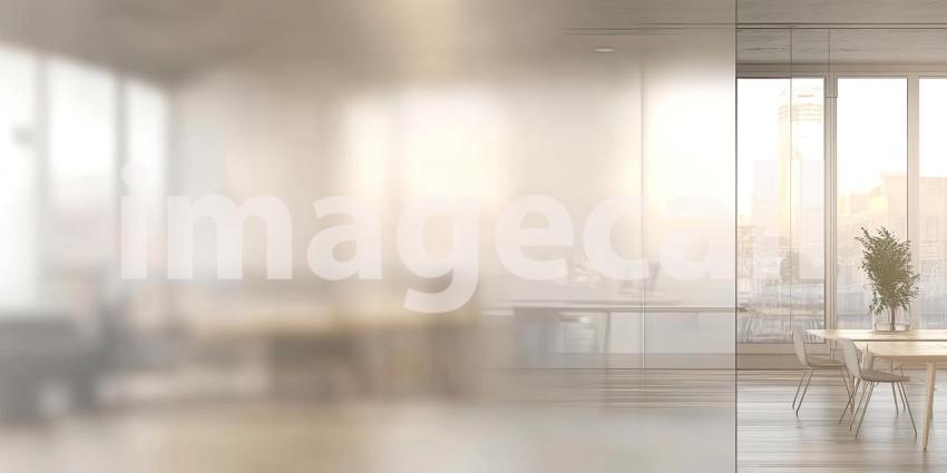 Autumnal Cityscape Through Glass. A view of a park with colorful trees through a large window. Perfect for interior design, travel, and seasonal themes.