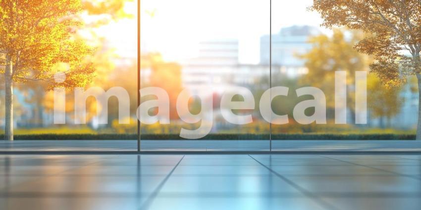 Autumnal Cityscape Through Glass. A view of a park with colorful trees through a large window. Perfect for interior design, travel, and seasonal themes.