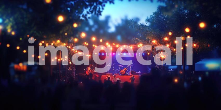 Outdoor Concert Under the Stars. A band performs on stage illuminated by colorful lights, with a crowd enjoying the music. Perfect for music, entertainment, and festival themes.