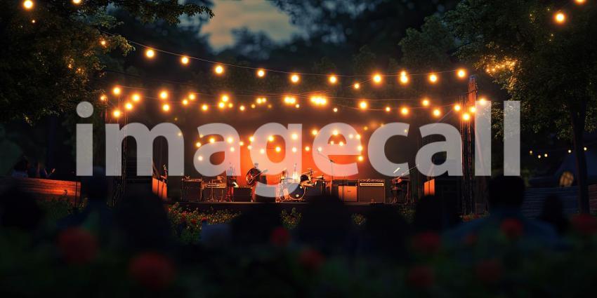 Outdoor Concert Under the Stars. A band performs on stage illuminated by colorful lights, with a crowd enjoying the music. Perfect for music, entertainment, and festival themes.