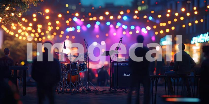 Outdoor Concert Under the Stars. A band performs on stage illuminated by colorful lights, with a crowd enjoying the music. Perfect for music, entertainment, and festival themes.
