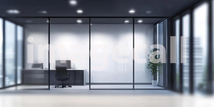 Autumnal Cityscape Through Glass. A view of a park with colorful trees through a large window. Perfect for interior design, travel, and seasonal themes.