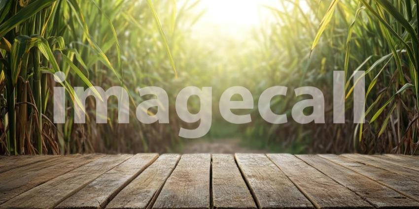 Rustic Wooden Table in a Verdant Field. A weathered tabletop with tall grass and a blue sky in the background. Perfect for nature, food, and product display themes.