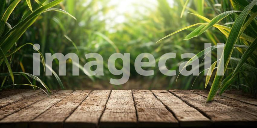 Rustic Wooden Table in a Verdant Field. A weathered tabletop with tall grass and a blue sky in the background. Perfect for nature, food, and product display themes.