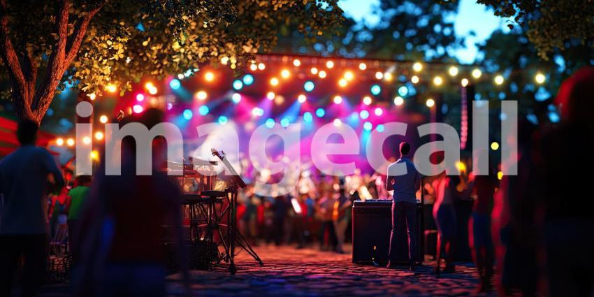 Outdoor Concert Under the Stars. A band performs on stage illuminated by colorful lights, with a crowd enjoying the music. Perfect for music, entertainment, and festival themes.