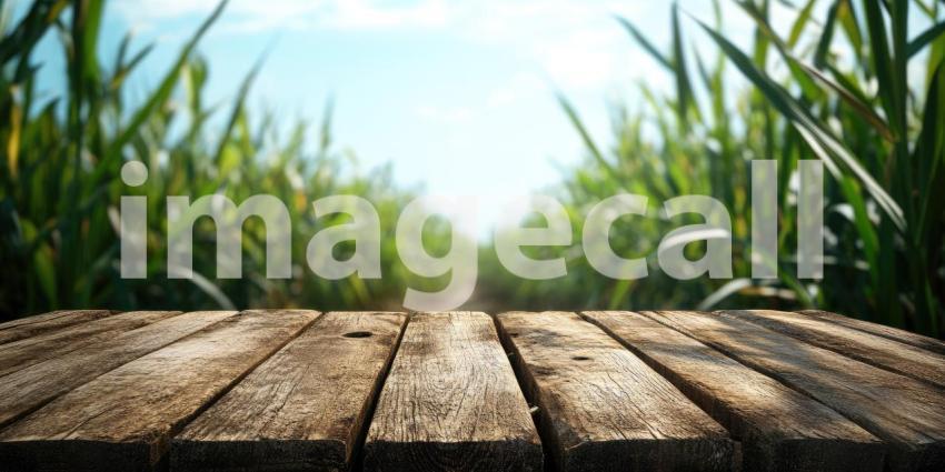 Rustic Wooden Table in a Verdant Field. A weathered tabletop with tall grass and a blue sky in the background. Perfect for nature, food, and product display themes.