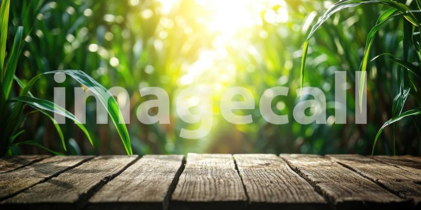 Rustic Wooden Table in a Verdant Field. A weathered tabletop with tall grass and a blue sky in the background. Perfect for nature, food, and product display themes.