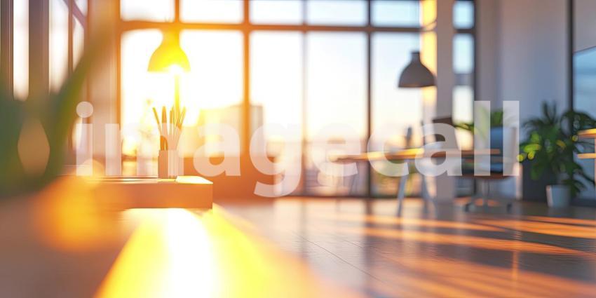 Modern Office Space with Warm Lighting. Spacious interior with a yellow chair, potted plants, and a warm glow. Perfect for business, interior design, and corporate themes.