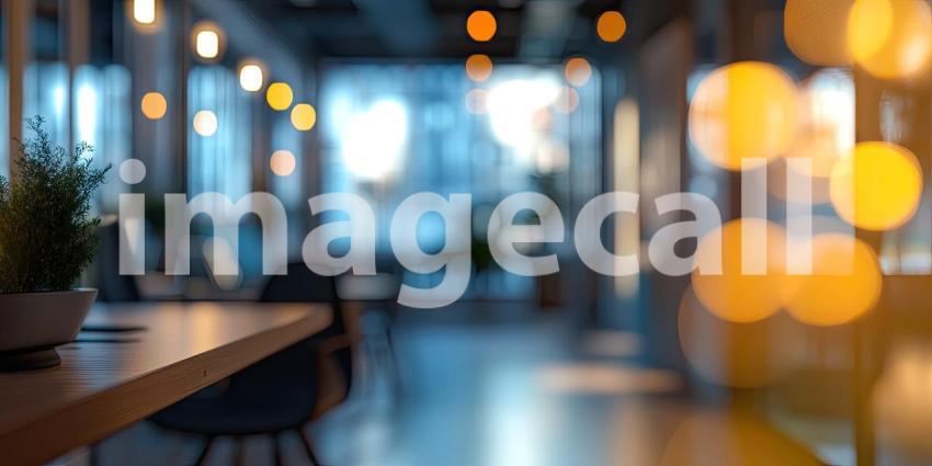 Modern Office Space with Warm Lighting. Spacious interior with a yellow chair, potted plants, and a warm glow. Perfect for business, interior design, and corporate themes.