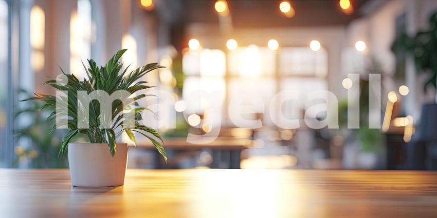 Modern Office Space with Warm Lighting. Spacious interior with a yellow chair, potted plants, and a warm glow. Perfect for business, interior design, and corporate themes.