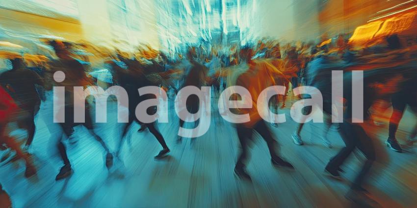 Dynamic Outdoor Gathering: People Walking and Running in Colorful Outfits Under a Sunny Sky