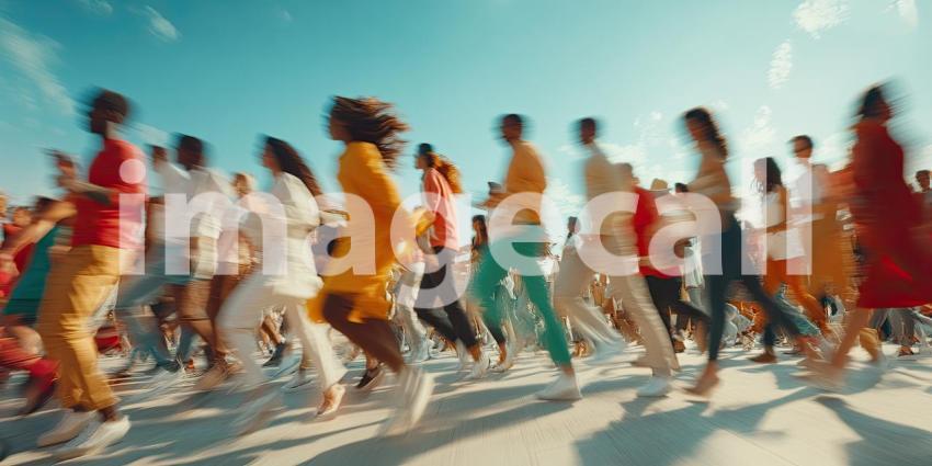 Dynamic Outdoor Gathering: People Walking and Running in Colorful Outfits Under a Sunny Sky