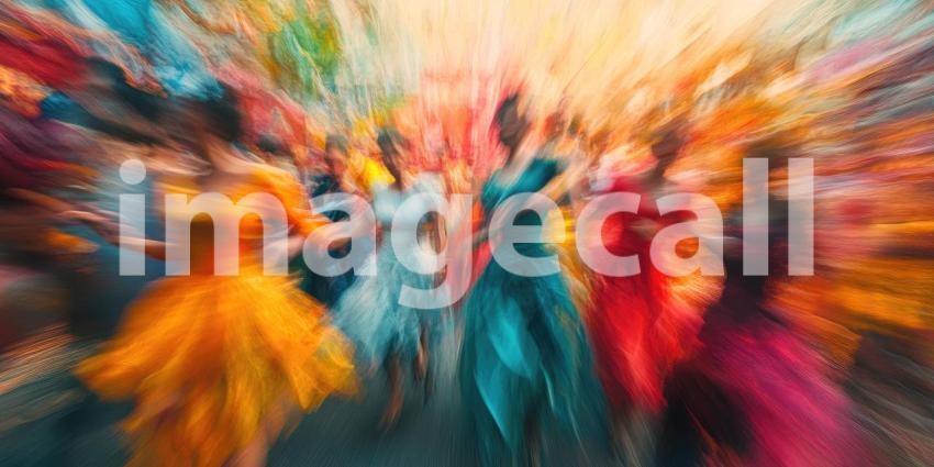 Dynamic Outdoor Gathering: People Walking and Running in Colorful Outfits Under a Sunny Sky