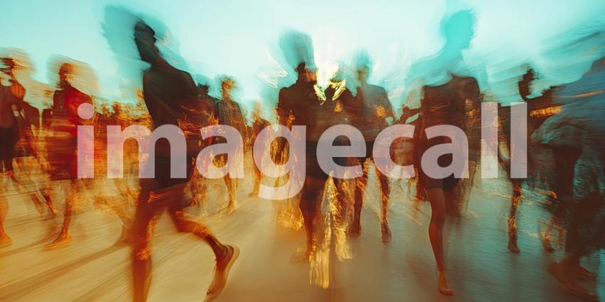 Dynamic Outdoor Gathering: People Walking and Running in Colorful Outfits Under a Sunny Sky