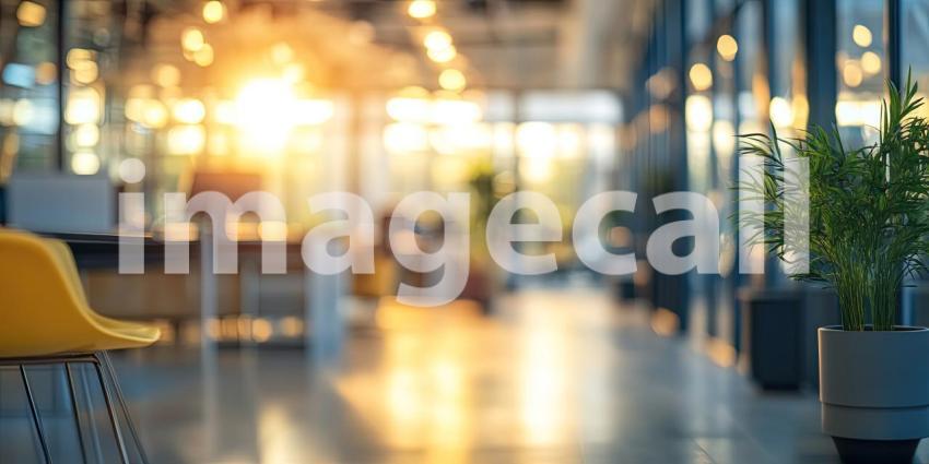 Modern Office Space with Warm Lighting. Spacious interior with a yellow chair, potted plants, and a warm glow. Perfect for business, interior design, and corporate themes.