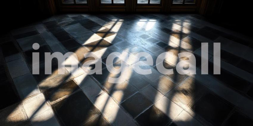 Sunlight Streaming Through Window in Empty Room. Dramatic light and shadow play in a minimalist interior with a closed door. Perfect for interior design, atmospheric, and moody themes.