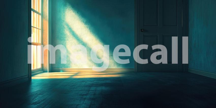 Sunlight Streaming Through Window in Empty Room. Dramatic light and shadow play in a minimalist interior with a closed door. Perfect for interior design, atmospheric, and moody themes.