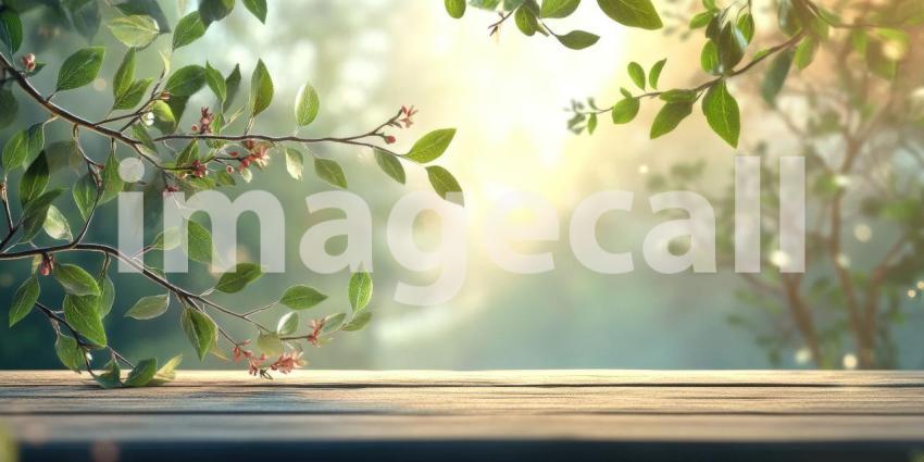 Spring Morning Tabletop Scene. Wooden table with blooming branches and a sunlit forest background. Perfect for nature, spring, and product display themes.