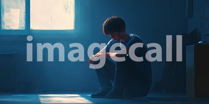Reflective Moments: Person Sitting Against a Gradient Wall with Dramatic Lighting