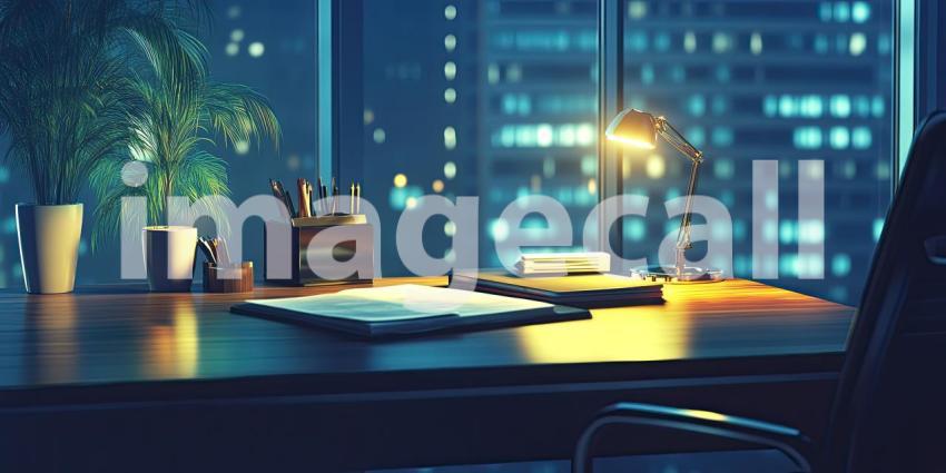 Luxury Penthouse Office at Night. Modern workspace with panoramic city views, sleek furniture, and ambient lighting. Perfect for business, luxury, and success themes.