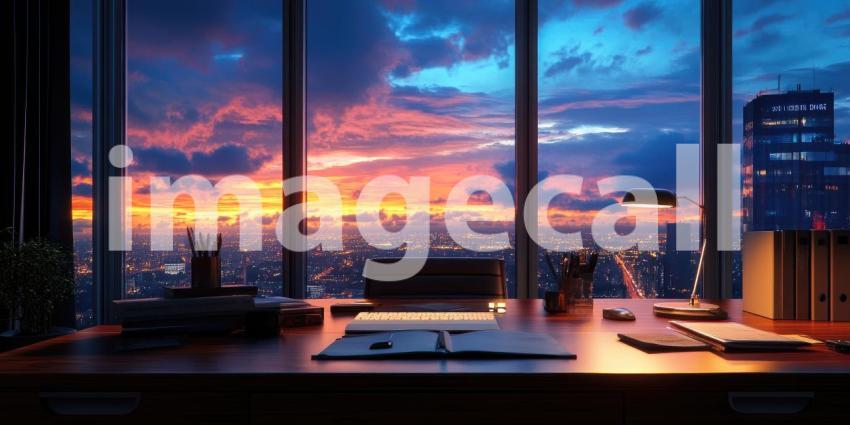 Luxury Penthouse Office at Night. Modern workspace with panoramic city views, sleek furniture, and ambient lighting. Perfect for business, luxury, and success themes.