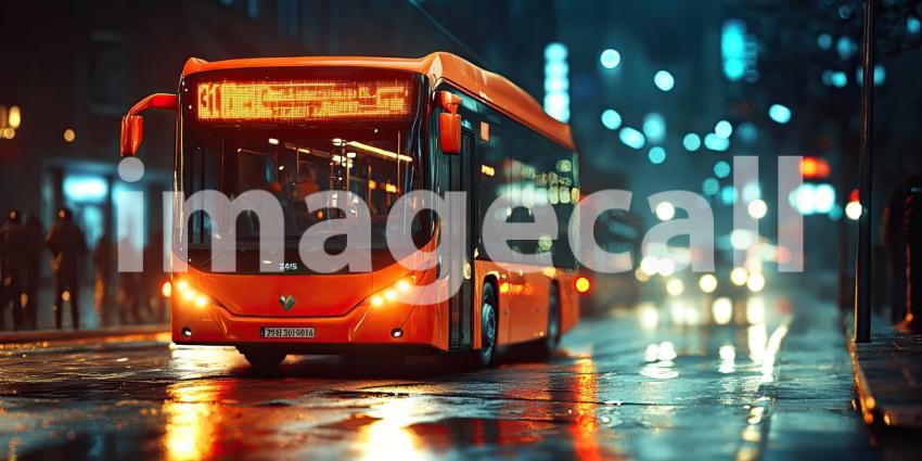 City Bus at Night. A red bus moves through a busy city street with blurred lights and reflections. Perfect for transportation, urban, and travel themes.