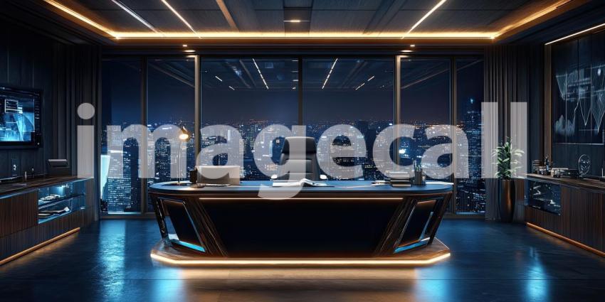 Luxury Penthouse Office at Night. Modern workspace with panoramic city views, sleek furniture, and ambient lighting. Perfect for business, luxury, and success themes.