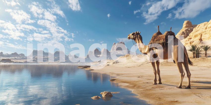 Camel at Sunset in the Desert. A lone camel stands by a tranquil oasis with palm trees and a dramatic sky. Perfect for travel, adventure, and exotic themes.