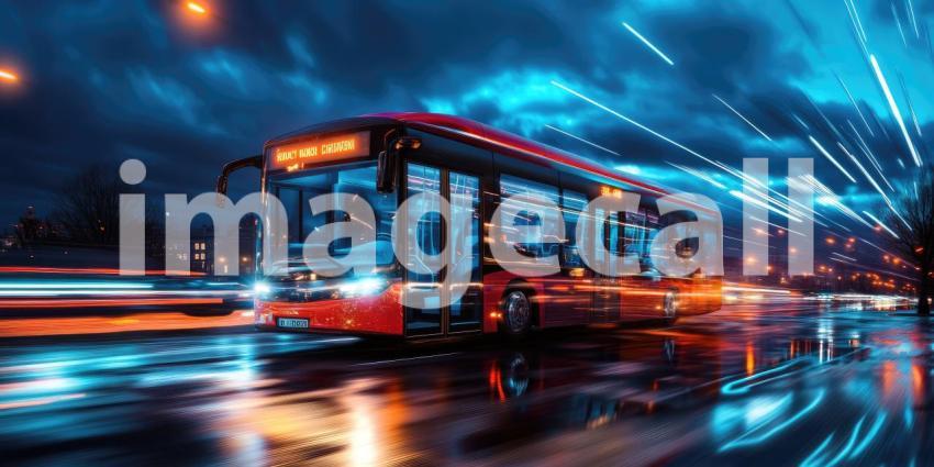 City Bus at Night. A red bus moves through a busy city street with blurred lights and reflections. Perfect for transportation, urban, and travel themes.