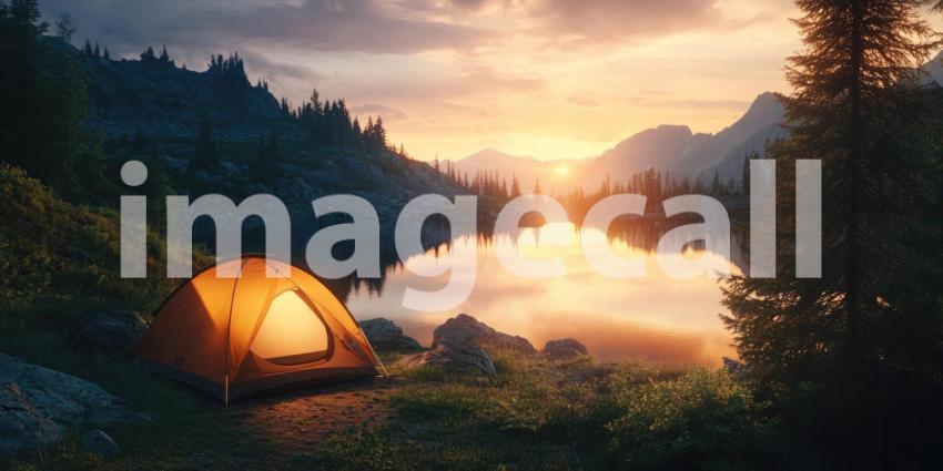 Camping by a Mountain Lake at Sunset. A tent glows with warm light near a serene lake with stunning mountain views. Perfect for camping, nature, and travel themes.