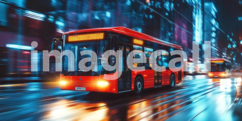 City Bus at Night. A red bus moves through a busy city street with blurred lights and reflections. Perfect for transportation, urban, and travel themes.