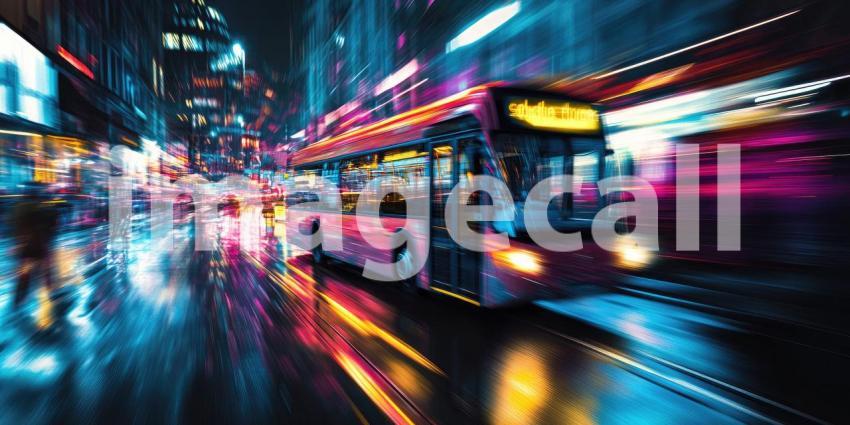 City Bus at Night. A red bus moves through a busy city street with blurred lights and reflections. Perfect for transportation, urban, and travel themes.