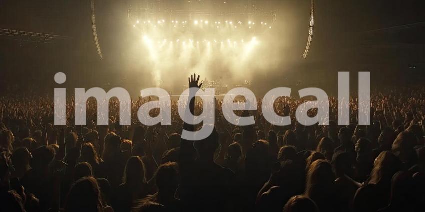 Concert Enthusiasm: Large Crowd of People with Raised Hands and Bright Lights at a Live Music Event