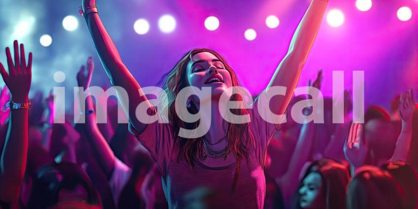 Concert Enthusiasm: Large Crowd of People with Raised Hands and Bright Lights at a Live Music Event