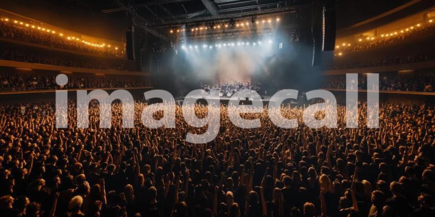 Concert Enthusiasm: Large Crowd of People with Raised Hands and Bright Lights at a Live Music Event