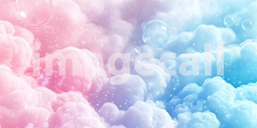 Dreamy Bubble Clouds. Pastel pink and blue clouds with floating bubbles and shimmering lights. Perfect for fantasy, childhood, and whimsical themes.