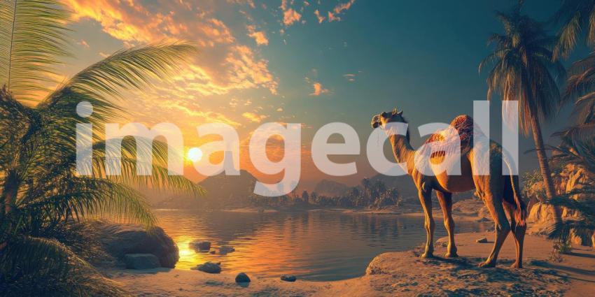 Camel at Sunset in the Desert. A lone camel stands by a tranquil oasis with palm trees and a dramatic sky. Perfect for travel, adventure, and exotic themes.