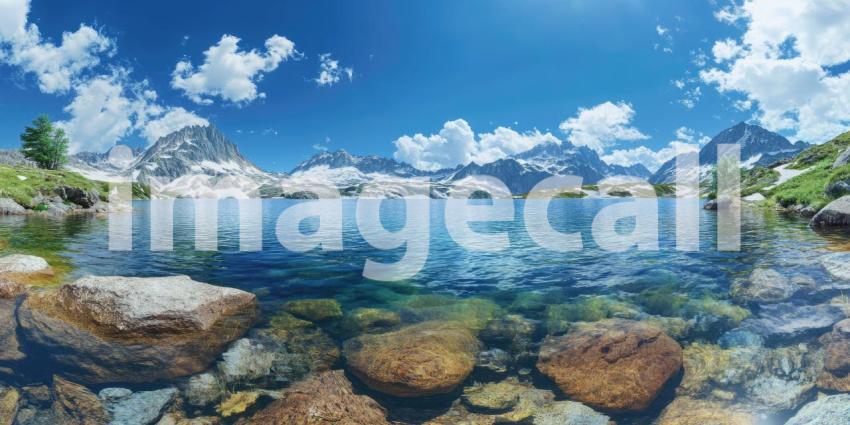 Scenic Mountain Lake with Clear Water. A breathtaking landscape with snow-capped mountains reflected in a crystal-clear lake. Perfect for nature, travel, and serenity themes.
